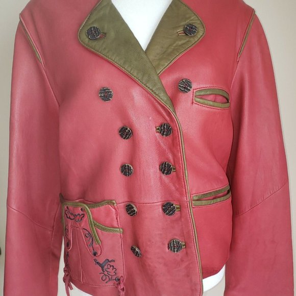 Leather Sound LS Red Leather Jacket Green Accents Sz 38 Vintage 80s - Picture 2 of 12